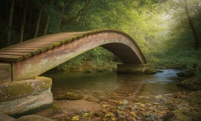 Rustic wooden arch bridge spanning a tranquil forest stream
