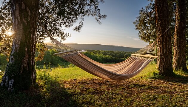 serene hammock nestled between trees with a scenic view of nature