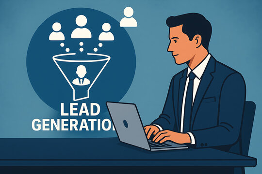 Business professional working on laptop with digital funnel concept showing lead generation strategy for sales and marketing growth