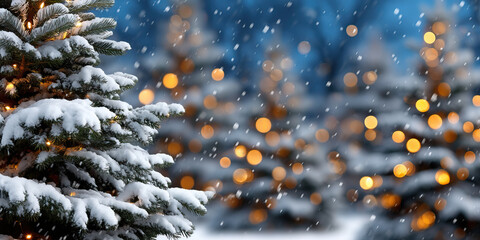 Snow covered evergreen branch with warm bokeh lights and falling snow creating cozy festive winter atmosphere