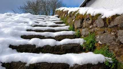 Snow covered stone step snow covered stone stair stone step with moss winter outdoor stair outdoor steps with snow snow steps stone wall with snow moss wall green plants snow low angle view
