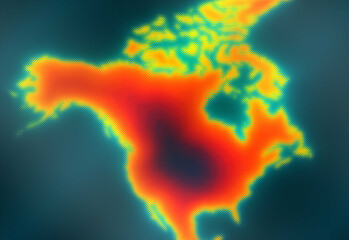 Abstract heat map visualization of the Americas showing red and orange landmass outlines with neon green edges against deep blue ocean, emphasizing data trends and geography