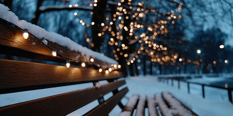 Snow covered bench with warm fairy lights along backrest and glowing bokeh from illuminated trees at dusk creating cozy winter evening atmosphere