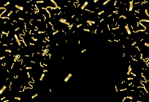Elegant gold confetti falling across a black background creates a festive celebratory atmosphere ideal for events celebrations parties milestones and joyous moments.