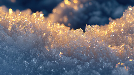 Mini ice crystal sparkling warm golden bokeh macro snow surface textured ice formation sunrise glow shallow depth of field cold contrast crystalline detail soft blur