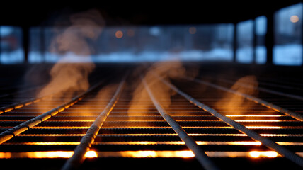 Molten glow beneath steel rebar with melting snow droplets and rising steam on heated construction surface at low light, dramatic warm contrast and shallow depth of field