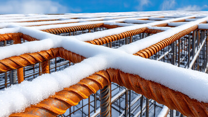 Rusty rebar grid with melting snow on ribbed steel surface under blue sky, macro perspective showing texture, contrast, cold melting water and construction detail