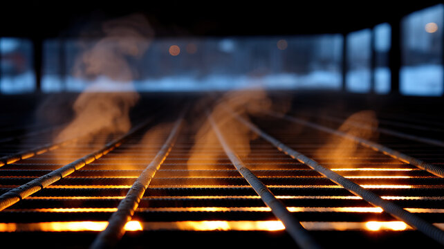 Molten glow beneath steel rebar with melting snow droplets and rising steam on heated construction surface at low light, dramatic warm contrast and shallow depth of field