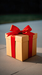 Golden gift box wrapped with red ribbon and bow outdoor front porch scene with surprise package and warm sunlight