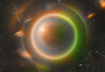 Fototapeta premium Abstract cosmic ring with luminous concentric circles glowing in orange and green amid a starry space background, evoking futuristic energy, exploration, and scientific wonder