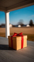 Small gift box with red ribbon on front porch table overlooking rural yard and distant barns, warm sunlight and soft shadows creating inviting mood