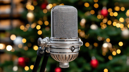 Vintage studio microphone in front of festive Christmas tree with warm bokeh lights and cozy holiday atmosphere