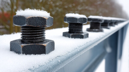 Snow dusted hex nut and bolt on steel beam in shallow depth of field, winter metal texture, close up detail, cold outdoor construction scene