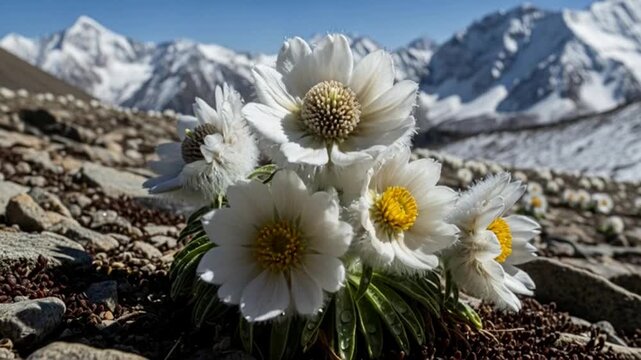 Delicate white saussurea flowers with a yellow center amidst rugged mountain landscape in a serene