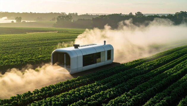 A sleek, futuristic, autonomous modular vehicle drives along rows of green crops in a farm field, spreading mist or dust behind it. This concept demonstrates agricultural technology.d