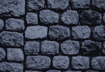Close up of a textured cobblestone wall with irregular gray stones and a subtle blue tint, highlighting a rugged architectural surface suitable for backdrop, textures, and pattern