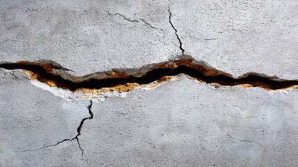 Cracked concrete wall with horizontal fissure revealing rough aggregate and dark void, textured surface showing microcracks and cured sealant, industrial decay and structural damage mood
