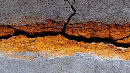 Cracked concrete surface with orange rust layer and textured gray plaster showing weathered erosion and microcrack detail