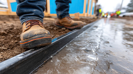 Worker boot on concrete edge with ice buildup, construction site, muddy ground, safety footwear, frozen water, close up, cold weather