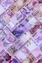 Money background, currency exchange, paper banknotes from different countries. Money cash currency