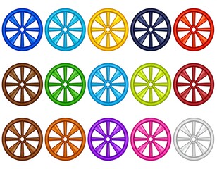 Fototapeta premium Colorful Wagon Wheel Collection - A Variety of Spokes and Hues.