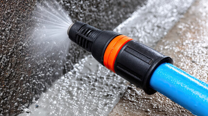 Close up garden hose nozzle spraying water on wet concrete wall and floor, dynamic motion and condensation visible, orange black nozzle with blue hose, outdoor cleaning action