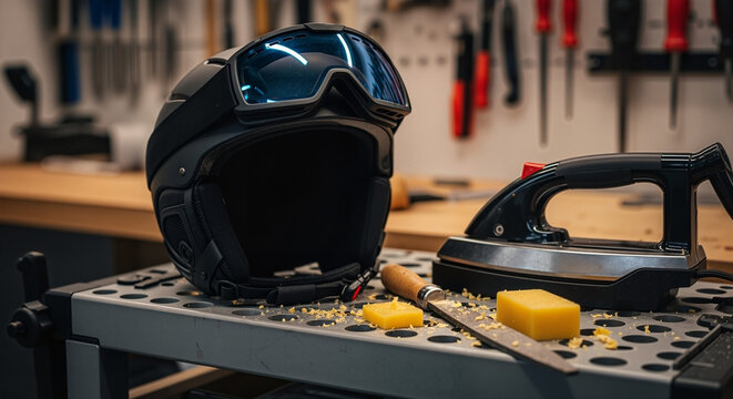 A Ski helmet on table in a workshop surrounded by tuning tools, an ideal photo for guides on ski and snowboard maintenance.
