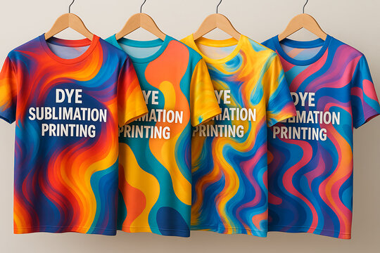 Colorful sublimation printed t shirt collection on wooden hangers showcasing modern textile design and fabric technology