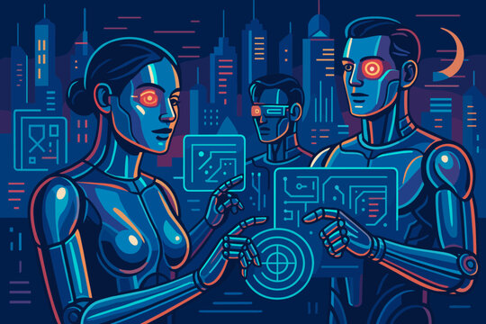 Cybernetic neon eyes negative metallic vector typography cityscape fusion glowing icon text