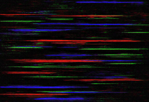 Abstract glitch art with neon red, blue and green horizontal stripes across a dark textured background, evoking digital interference, futuristic motion, and dynamic visual energy