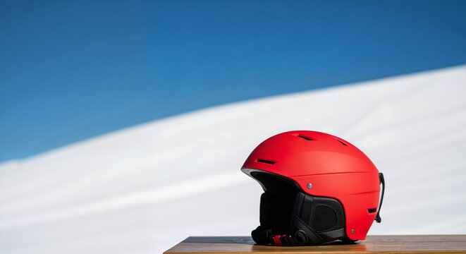 A red Ski helmet on table against a snowy mountain backdrop, a minimalist image for winter sports advertising and gear reviews.