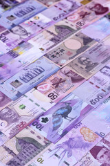 Money background, currency exchange, paper banknotes from different countries. Money cash currency