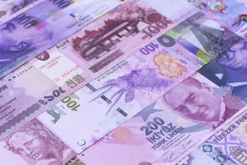 Money background, currency exchange, paper banknotes from different countries. Money cash currency