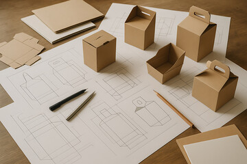 Creative carton packaging design with structural drawings mockups and paperboard prototypes for manufacturing production and branding concept presentation