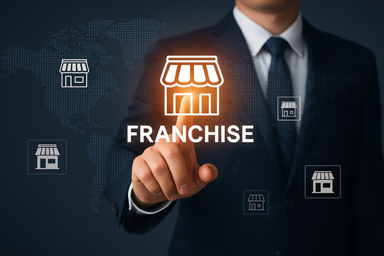 Corporate professional using hologram technology with franchise symbol representing business model replication and multi store ownership - Powered by Adobe