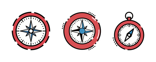 Set of three flat line style compass icons: classic magnetic compass, round compass rose, and pocket compass with needle, symbolizing navigation, direction, travel, and adventure