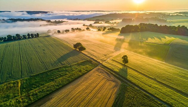 Ideal for marketing materials related to farming, sustainability, and agricultural innovation.  Featuring green and golden fields with beautiful natural light.sunset over the river