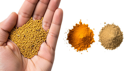 Assortment of Yellow Mustard Seeds Held in Open Palm with Piles of Orange Turmeric Powder and Beige Powder Isolated on Transparent Background