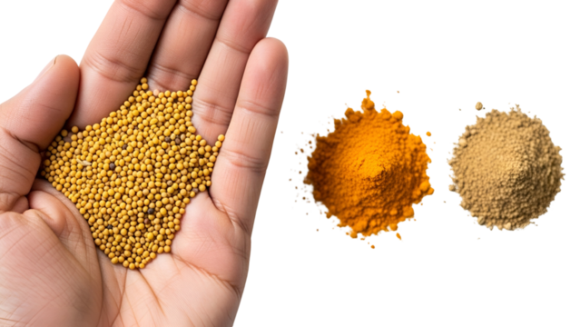 Assortment of Yellow Mustard Seeds Held in Open Palm with Piles of Orange Turmeric Powder and Beige Powder Isolated on Transparent Background