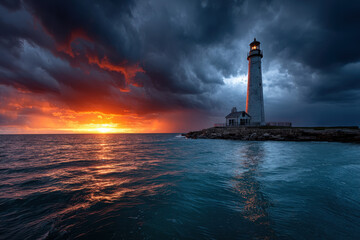 Fototapeta premium Lighthouse at Sunset Under Dramatic Storm Clouds