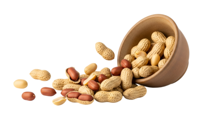 Overturned Beige Bowl with Peanuts and Peanut Shells on Transparent Background