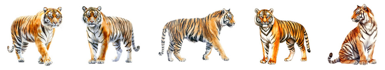 Naklejka premium Watercolor tiger illustrations on transparent background 