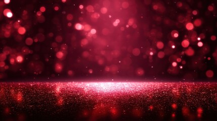 Sparkling red glitter surface with bokeh lights and a bright illuminated edge, a festive and abstract background, blurred red background