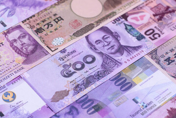 Money background, currency exchange, paper banknotes from different countries. Money cash currency