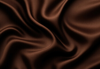 Close-up of rich brown satin fabric with flowing folds and soft sheen, showcasing premium textile quality for high-end fashion design, styling, and photography in a warm mood