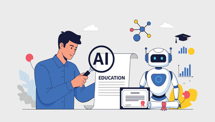 Artificial Intelligence in Academia: Researcher and Robot Companion Analyzing Educational Concepts, Modern Vector Graphic 