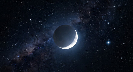 Dramatic Crescent Planet or Moon in Starry Deep Space
A breathtaking, digitally generated image depicting a mysterious planet or large moon in a deep space environment