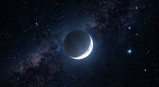 Dramatic Crescent Planet or Moon in Starry Deep Space
A breathtaking, digitally generated image depicting a mysterious planet or large moon in a deep space environment