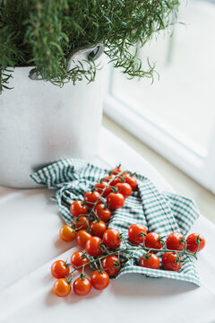 fresh small cherry tomatoes on checked cloth
