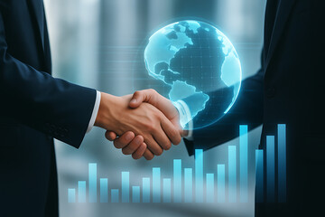 Global business partnership with businessmen shaking hands in front of digital analytics chart and holographic globe representing teamwork and corporate success